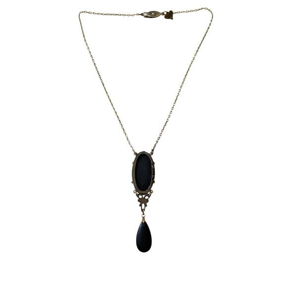 VTG Glass Works Studio Lariat Molded Glass Etched Black Pendant Necklace 16" - Picture 7 of 7